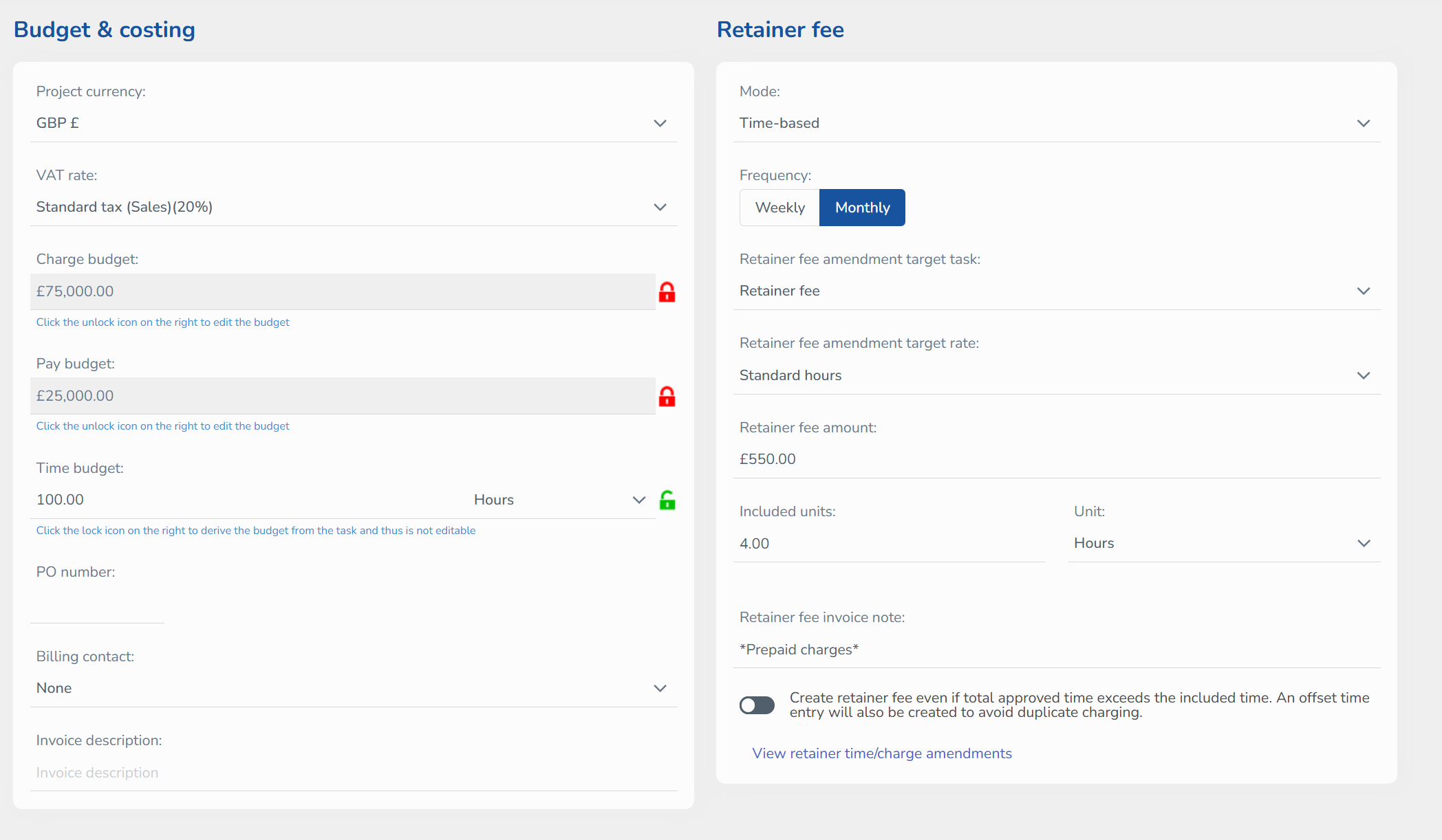 Retainer fee invoicing